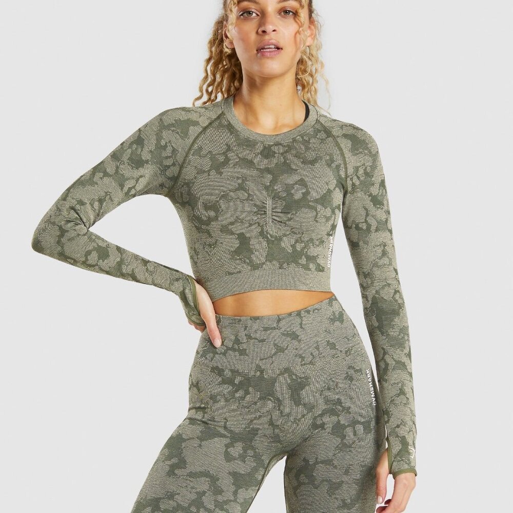GYMSHARK XS Adapt Camo Seamless Long Sleeve Crop Top Thumbhole Sleeves Green XS